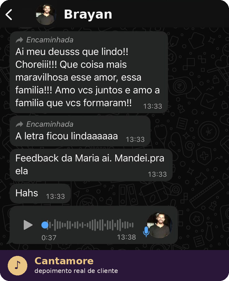Depoimento real no WhatsApp de cliente Cantamore — música de casamento